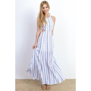 Blue and White Halter Maxi Dress